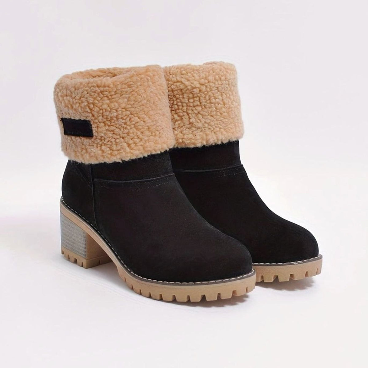 Women's Sherpa-Cuffed Slip-On Block Heel Winter Ankle Boots - Black