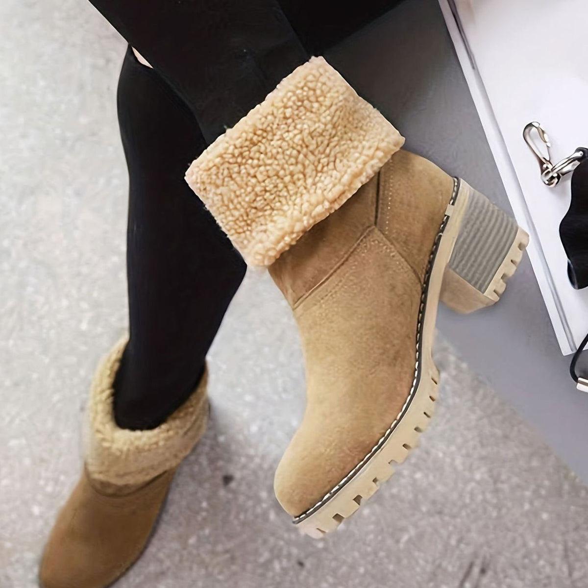 Women's Sherpa-Cuffed Slip-On Block Heel Winter Ankle Boots
