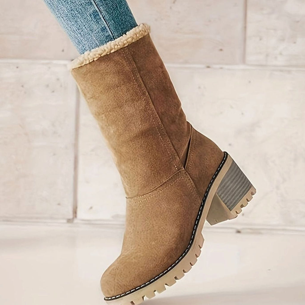 Women's Sherpa-Cuffed Slip-On Block Heel Winter Ankle Boots