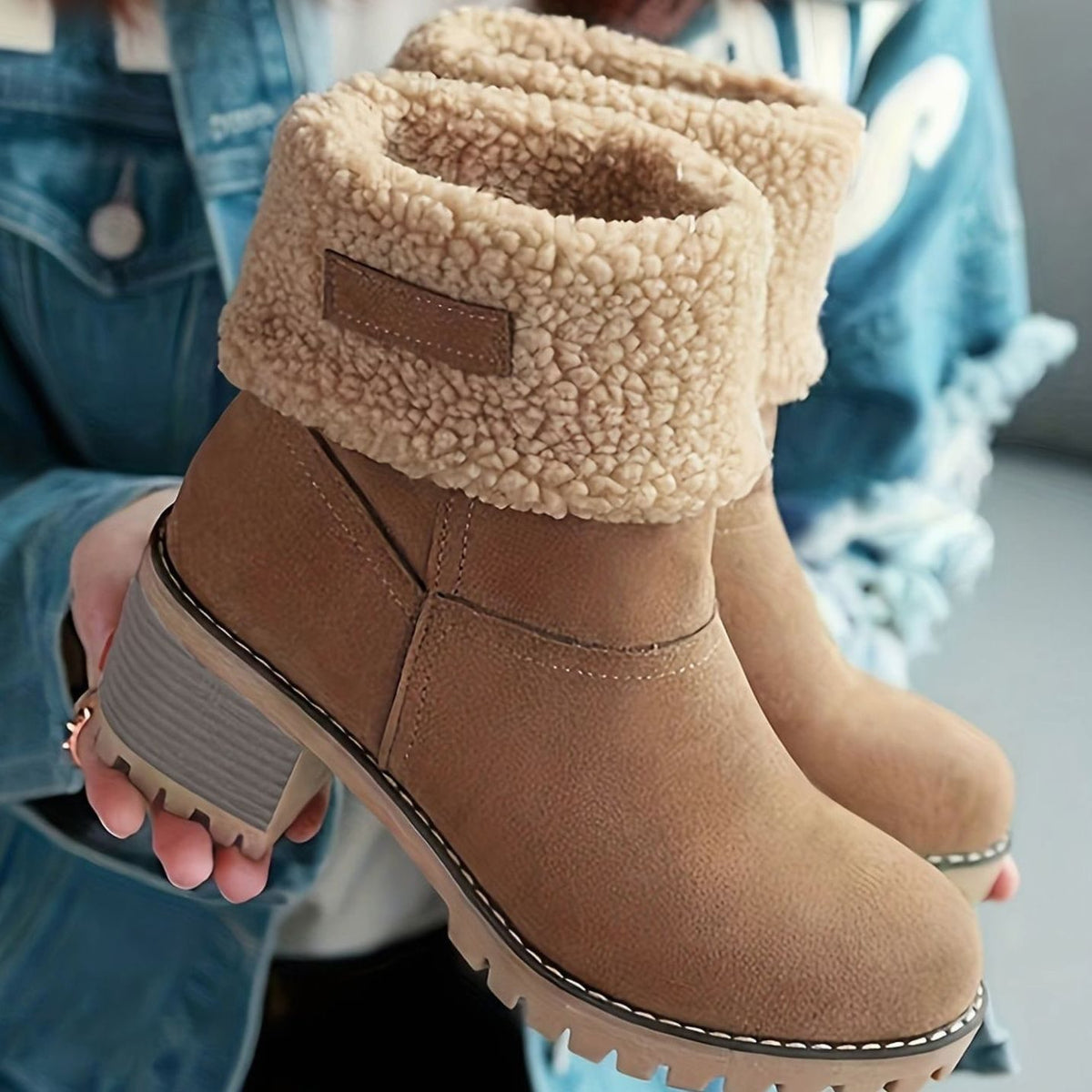 Women's Sherpa-Cuffed Slip-On Block Heel Winter Ankle Boots
