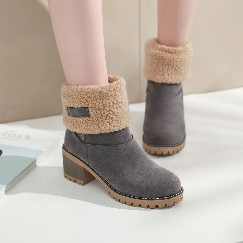 Women's Sherpa-Cuffed Slip-On Block Heel Winter Ankle Boots
