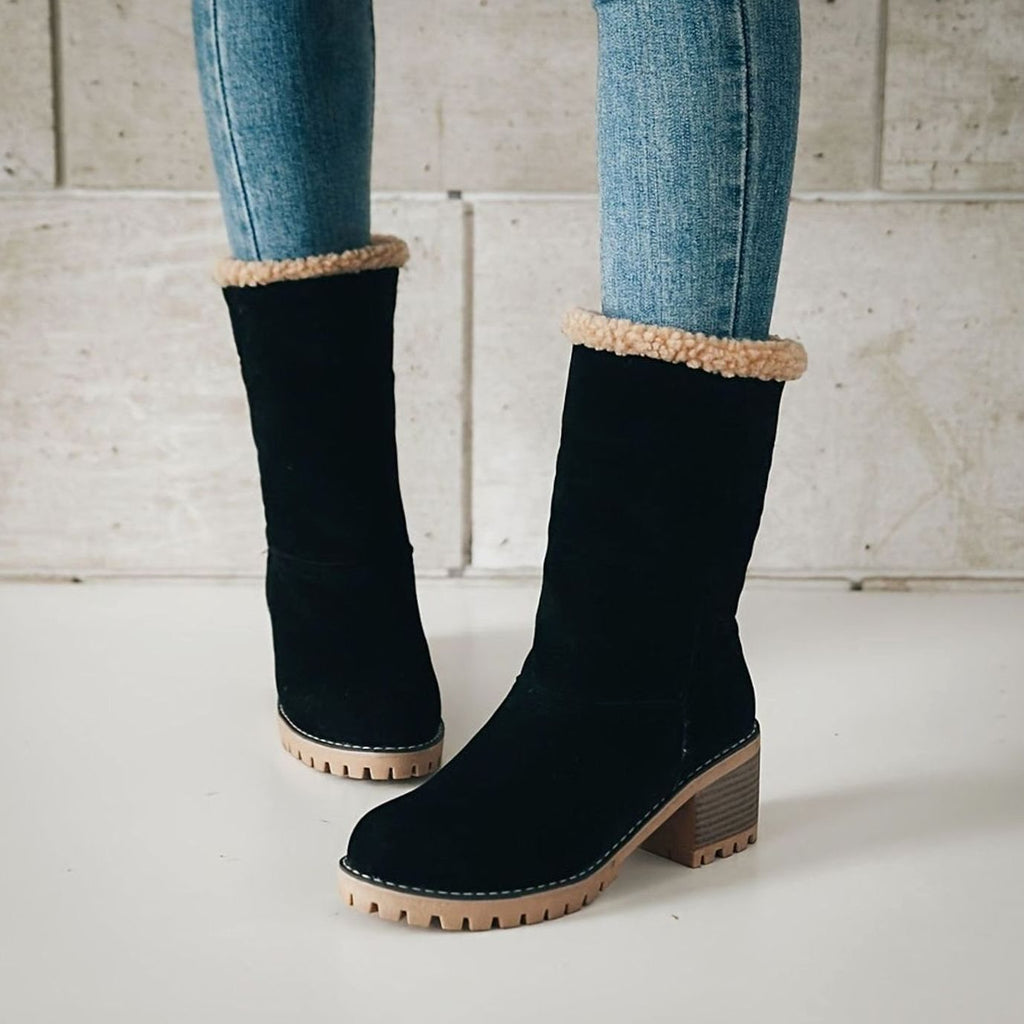 Women's Sherpa-Cuffed Slip-On Block Heel Winter Ankle Boots