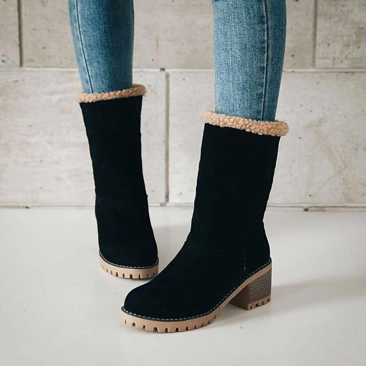 Women's Sherpa-Cuffed Slip-On Block Heel Winter Ankle Boots