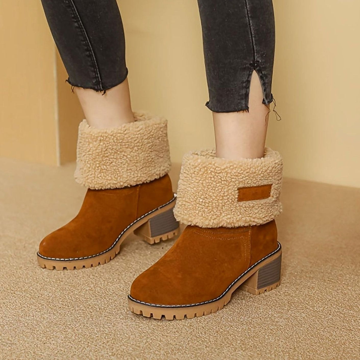 Women's Sherpa-Cuffed Slip-On Block Heel Winter Ankle Boots