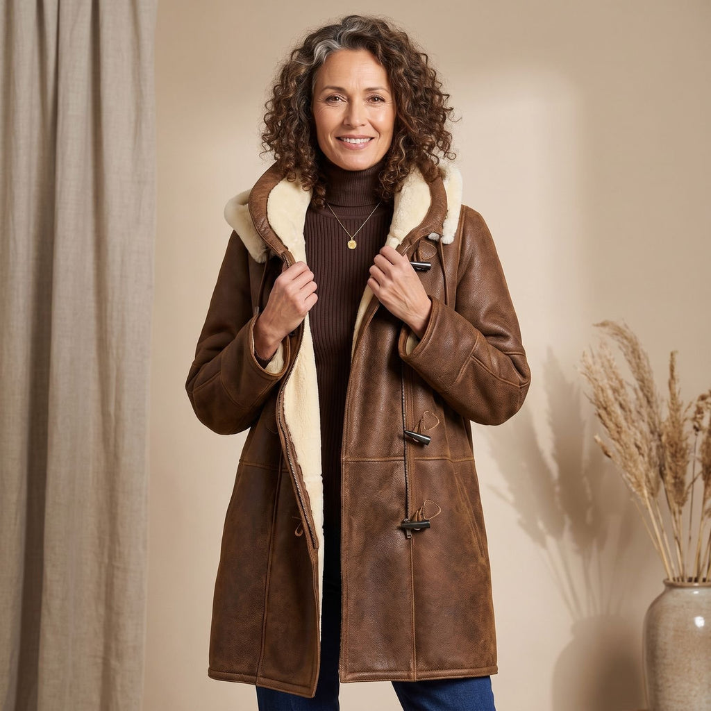 Women's Sherpa-Lined Suede Toggle-Button Winter Coat - Brown