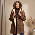 Women's Sherpa-Lined Suede Toggle-Button Winter Coat - Brown