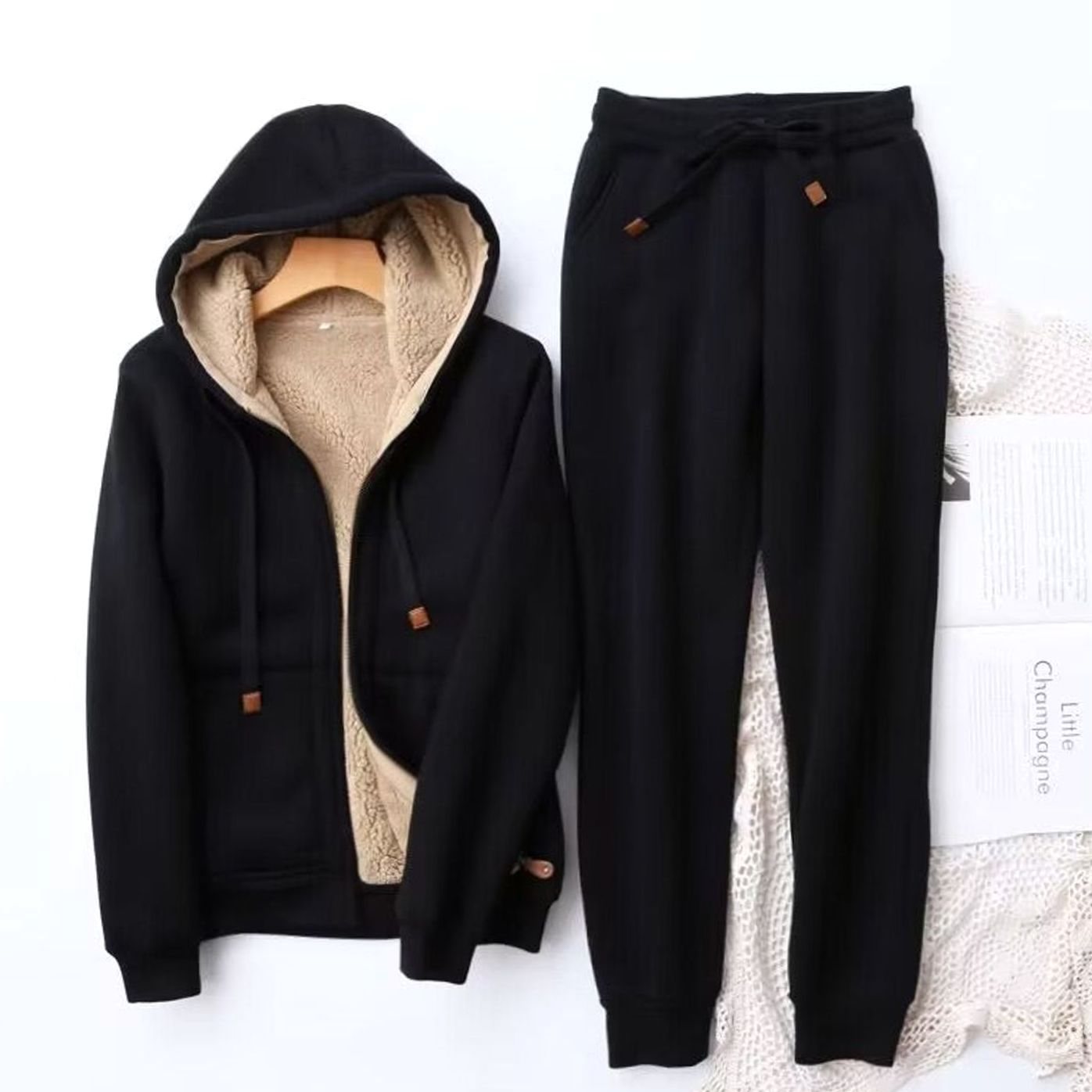 Women's Sherpa-Lined Zip-Up Winter Hoodie Jogger Set - Black