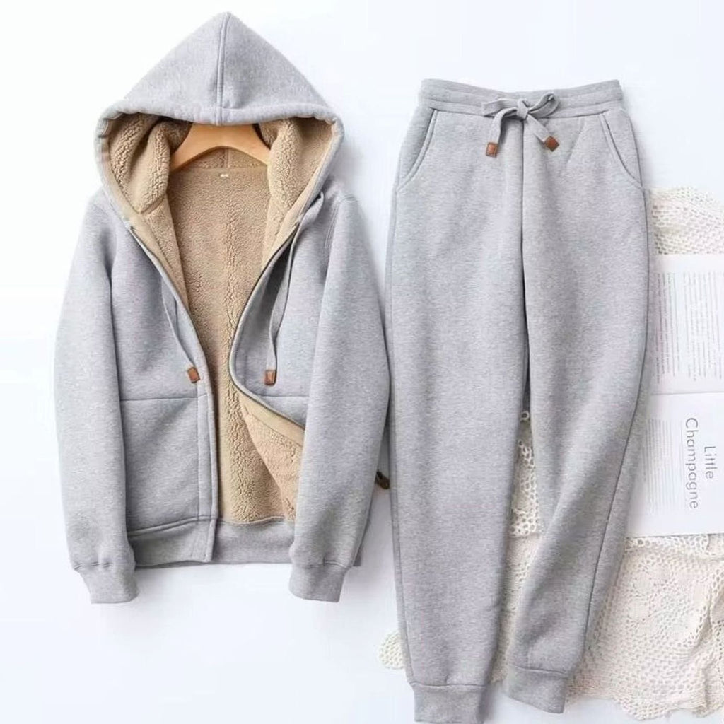 Women's Sherpa-Lined Zip-Up Winter Hoodie Jogger Set - Grey