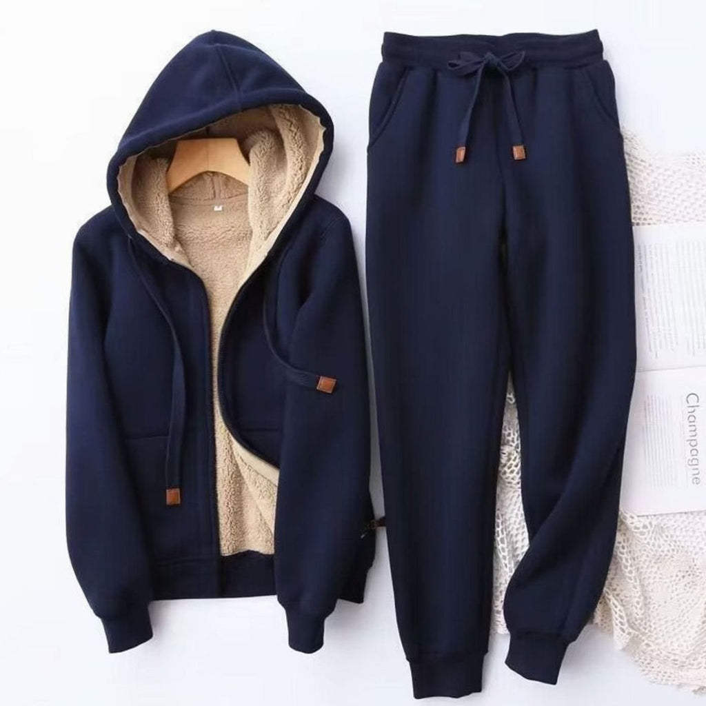 Women's Sherpa-Lined Zip-Up Winter Hoodie Jogger Set - Blue