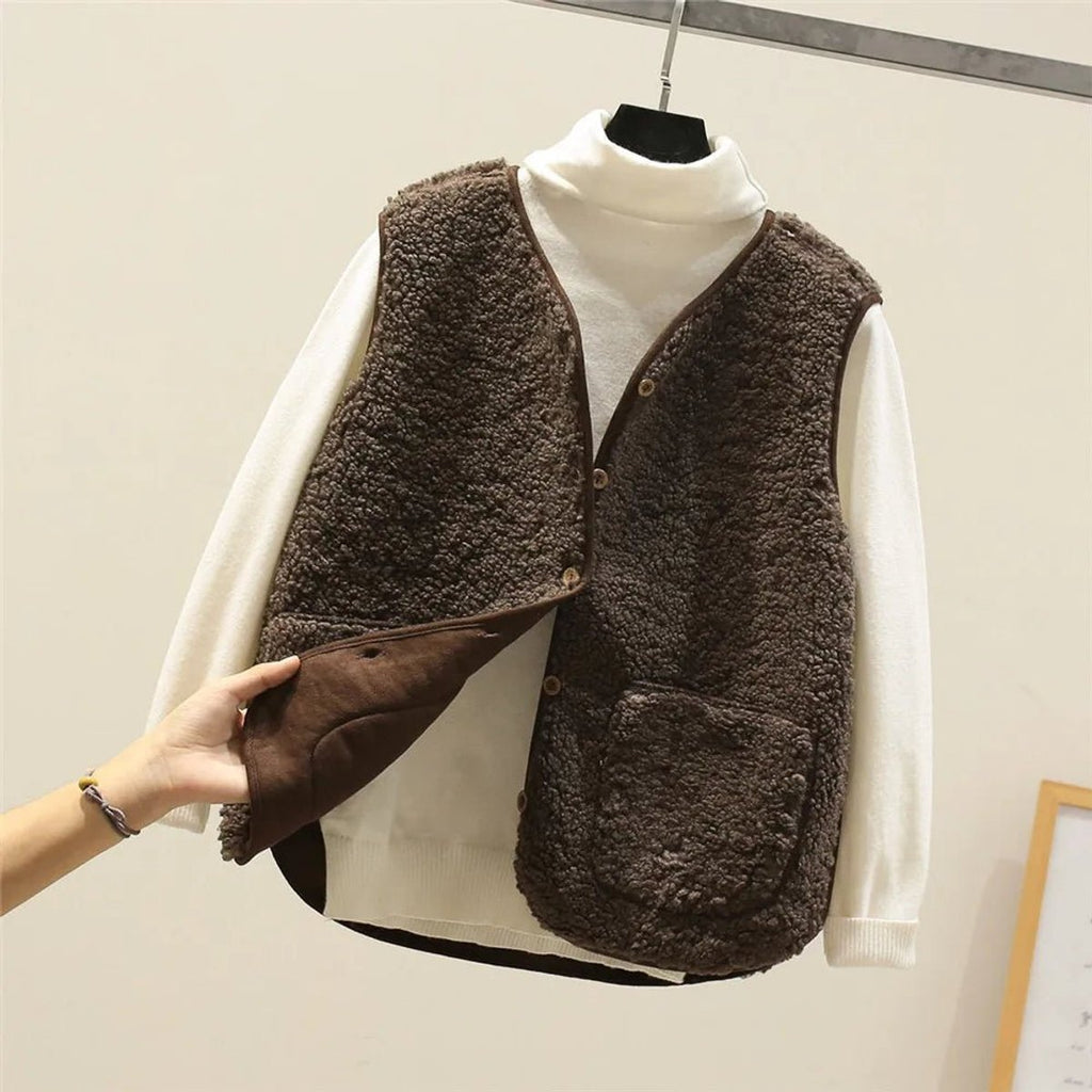Women's Sherpa Puffer Vest Button-Front Fleece Gilet - Brown
