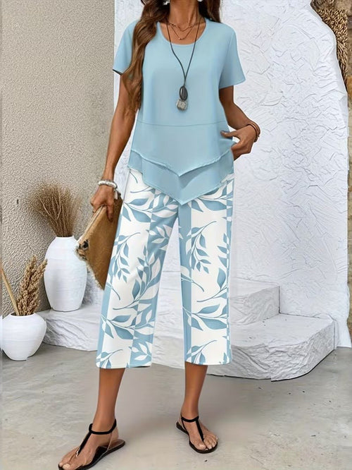 Women's Short-Sleeve Botanical Print Two-Piece Set - Light Blue