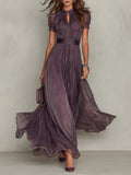 Women's Short Sleeve Keyhole Lace-Trim Chiffon Maxi Dress - Purple