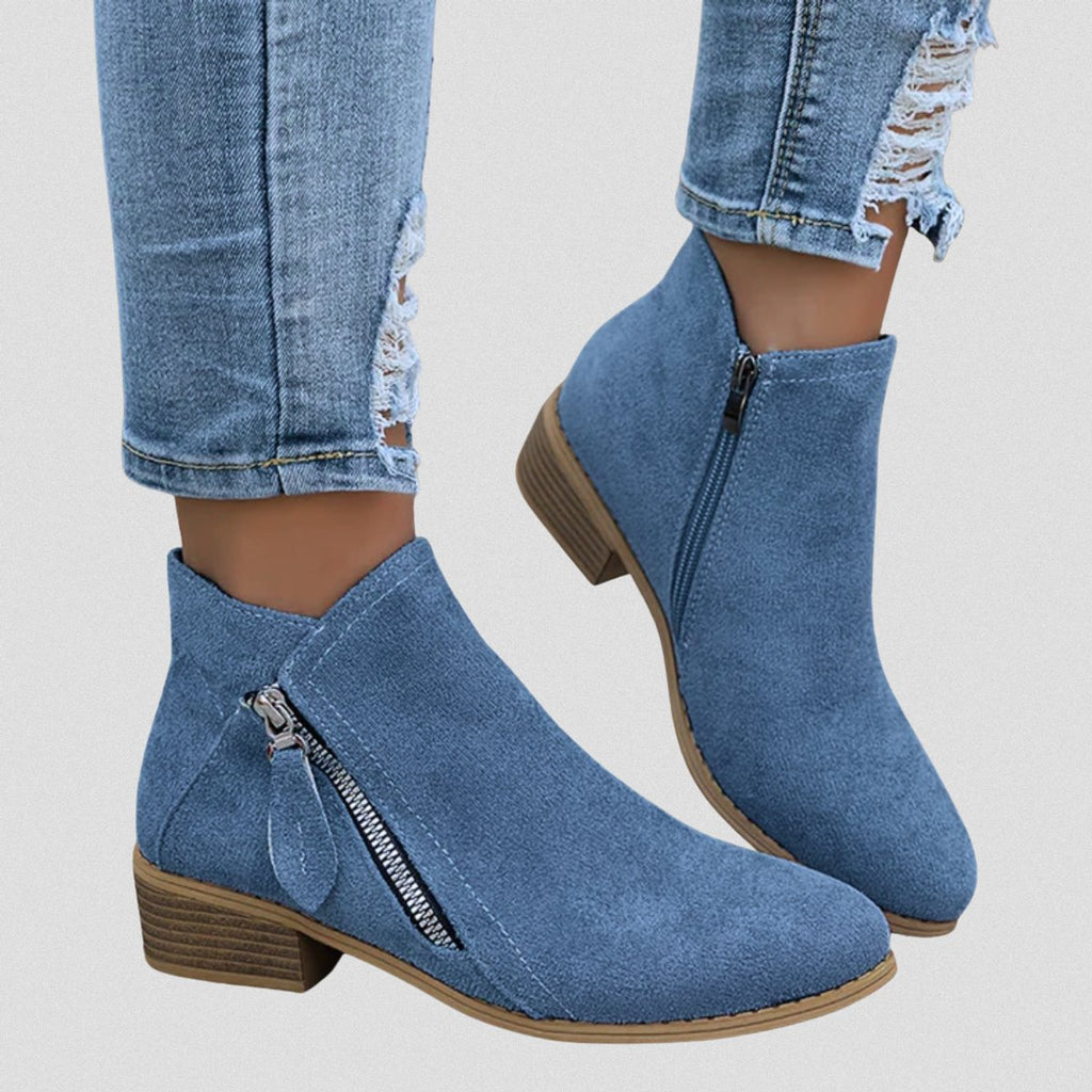 Women's Side-Zip Low Block Heel Suede Ankle Boots - Blue