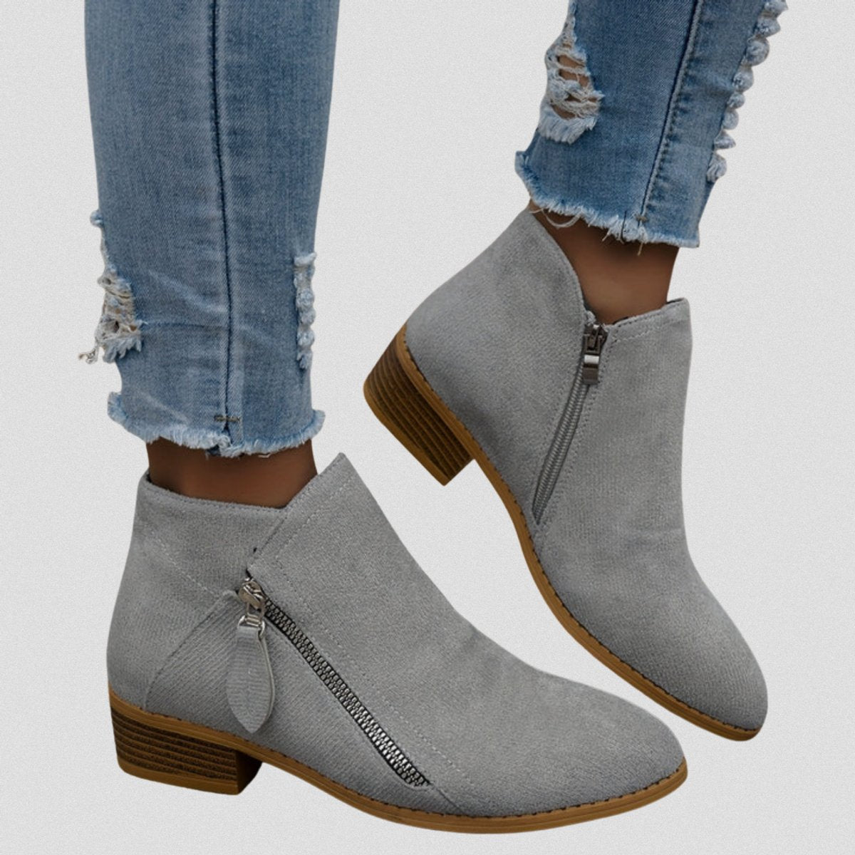 Women's Side-Zip Low Block Heel Suede Ankle Boots - Gray
