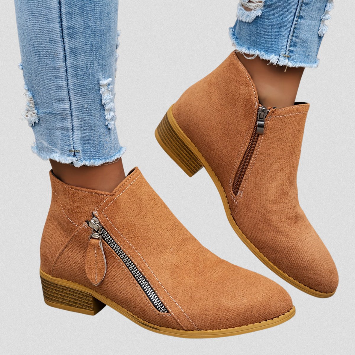 Women's Side-Zip Low Block Heel Suede Ankle Boots - Brown