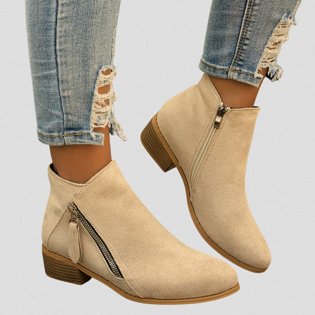 Women's Side-Zip Low Block Heel Suede Ankle Boots - Beige