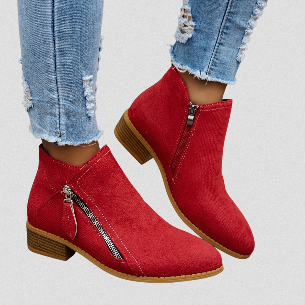 Women's Side-Zip Low Block Heel Suede Ankle Boots - Red