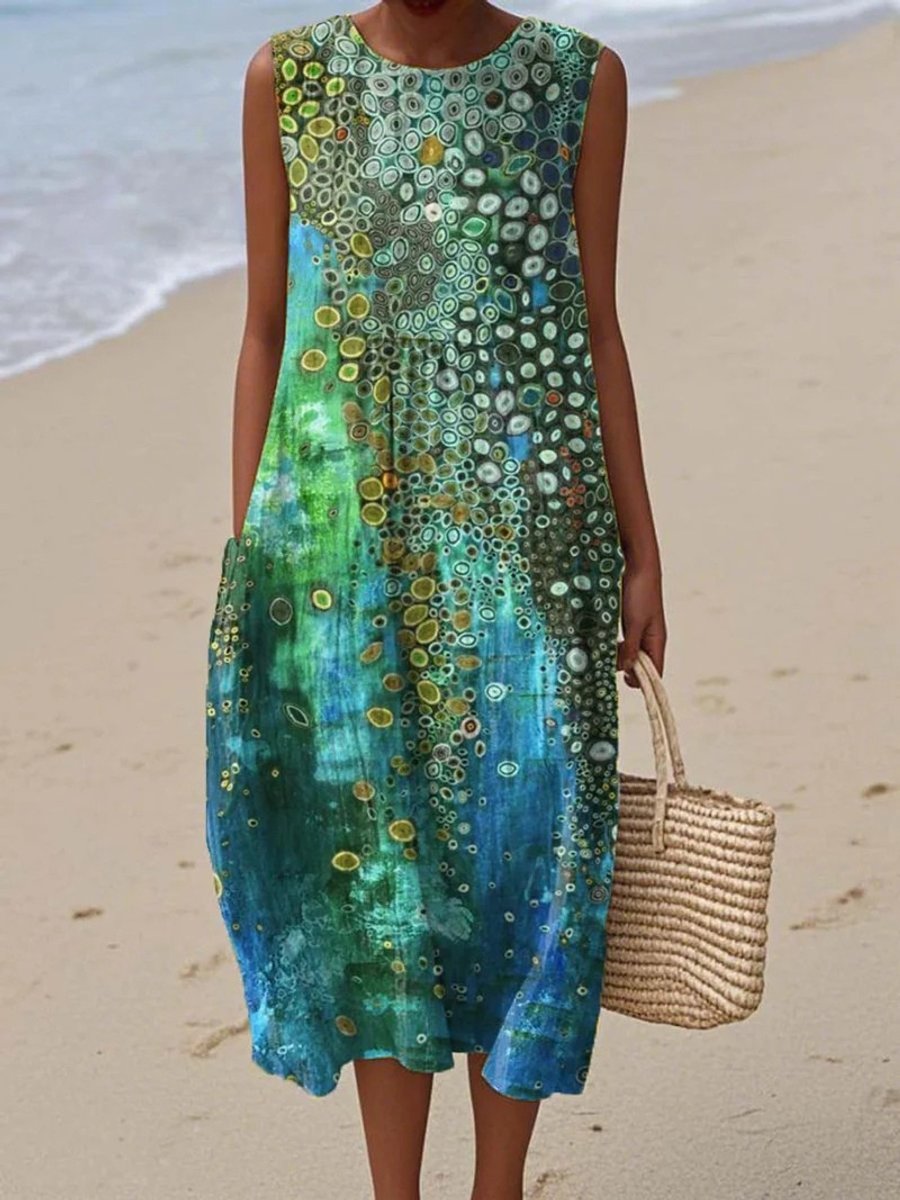 Women's Sleeveless Artistic Print Relaxed Midi Dress