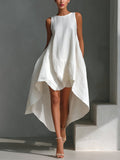 Women's Sleeveless Asymmetric Handkerchief-Hem Linen Midi Dress - White