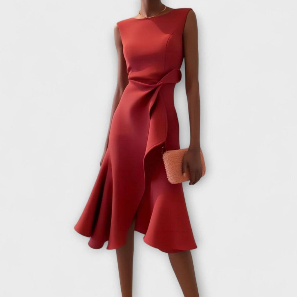 Women's Sleeveless Asymmetrical Flared Midi Dress - Red