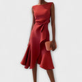 Women's Sleeveless Asymmetrical Flared Midi Dress - Red
