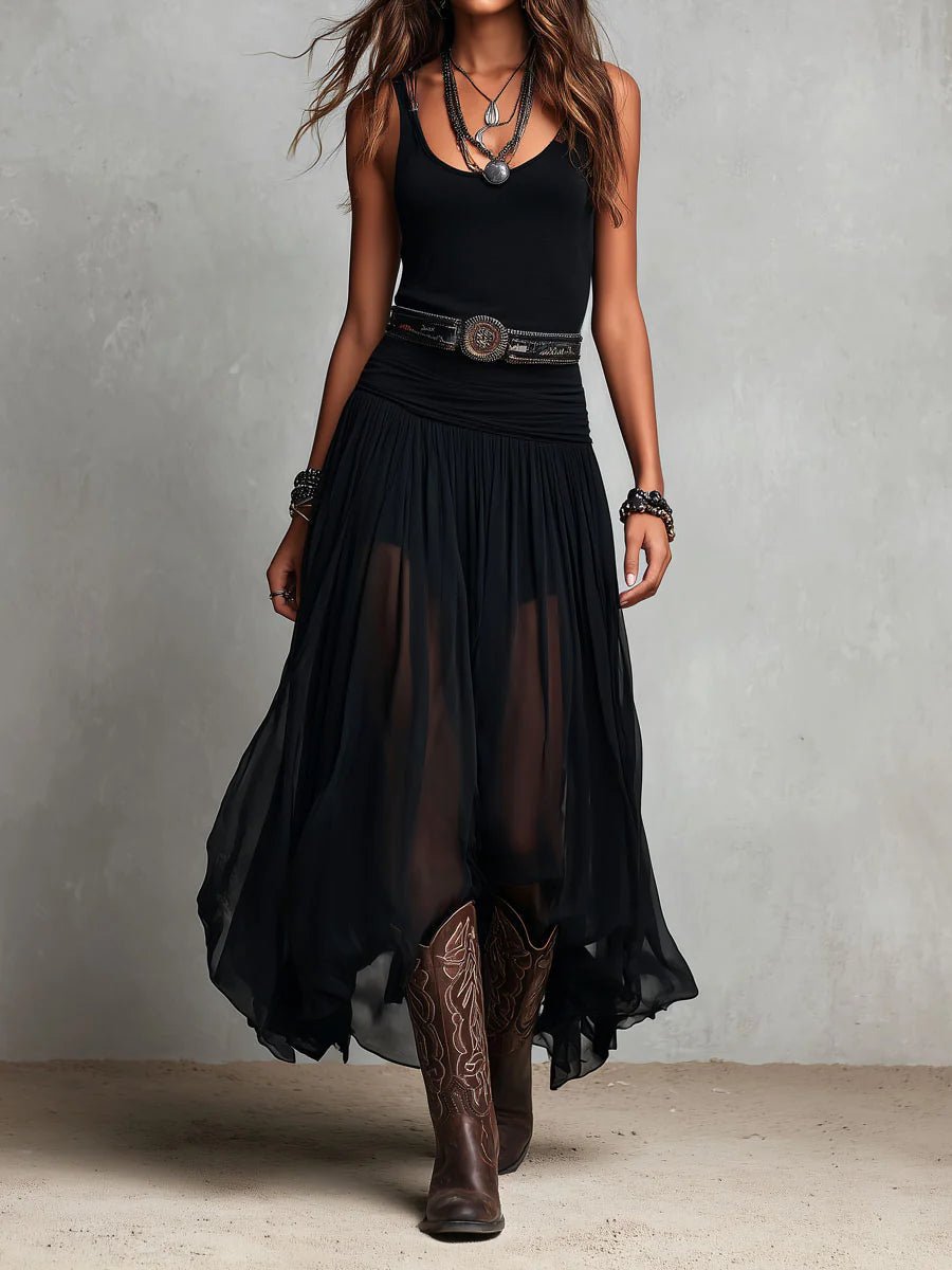 Women's Sleeveless Boho Tank Maxi Dress V-Neck Tulle Skirt - Black