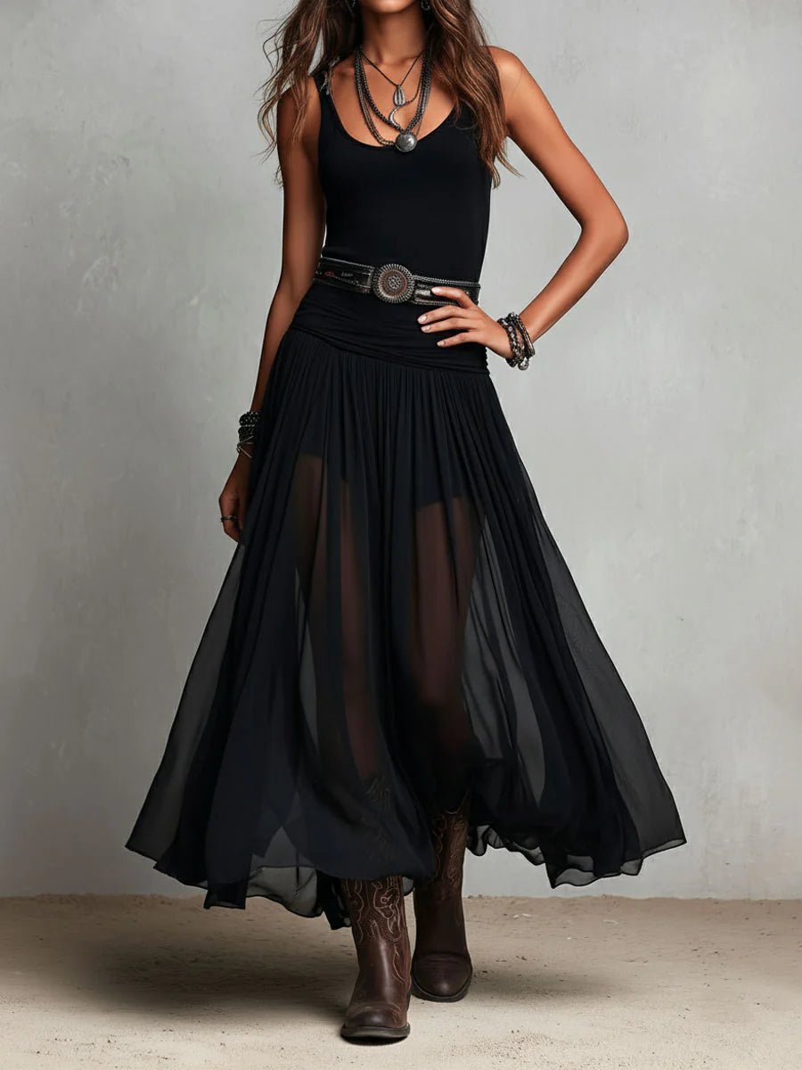 Women's Sleeveless Boho Tank Maxi Dress V-Neck Tulle Skirt