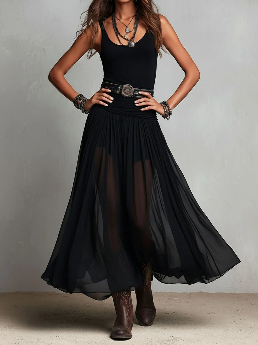 Women's Sleeveless Boho Tank Maxi Dress V-Neck Tulle Skirt