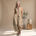 Women's Sleeveless Cargo Utility Full-Zip Jumpsuit - Beige