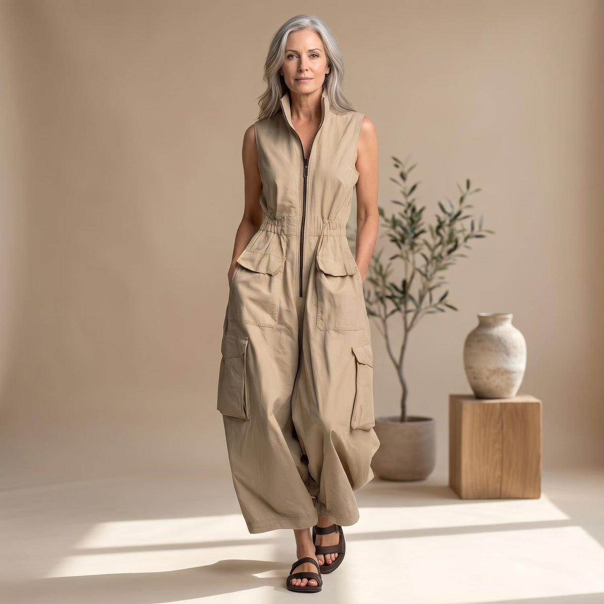 Women's Sleeveless Cargo Utility Full-Zip Jumpsuit - Beige