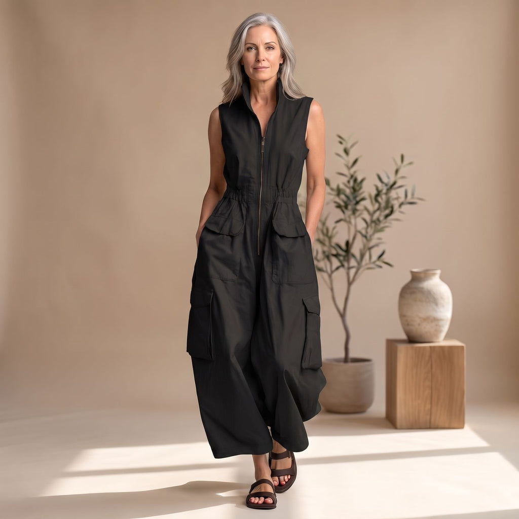 Women's Sleeveless Cargo Utility Full-Zip Jumpsuit - Black