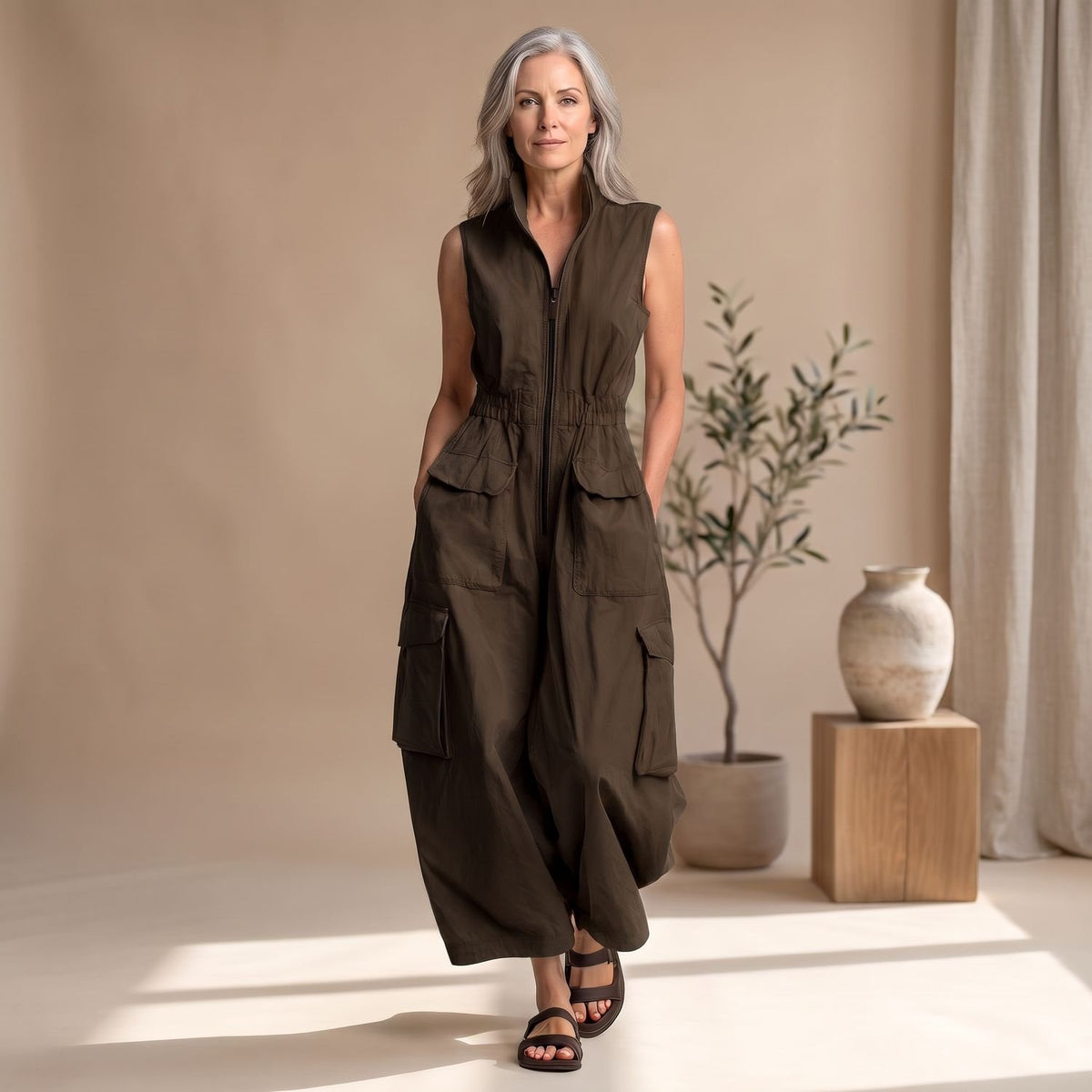 Women's Sleeveless Cargo Utility Full-Zip Jumpsuit - Brown