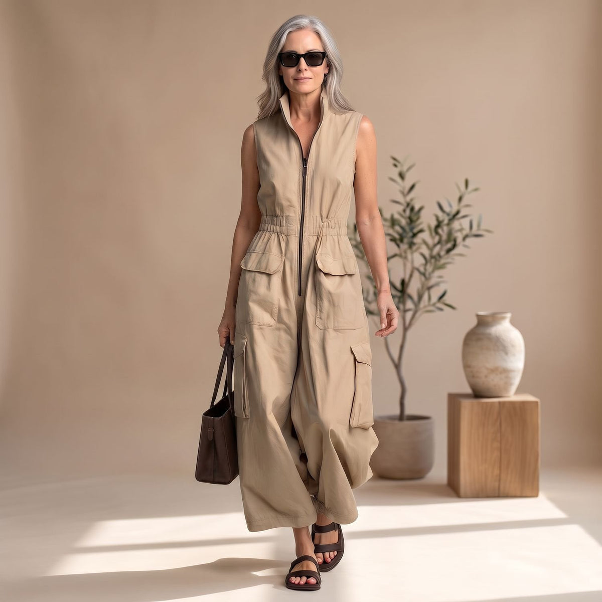 Women's Sleeveless Cargo Utility Full-Zip Jumpsuit