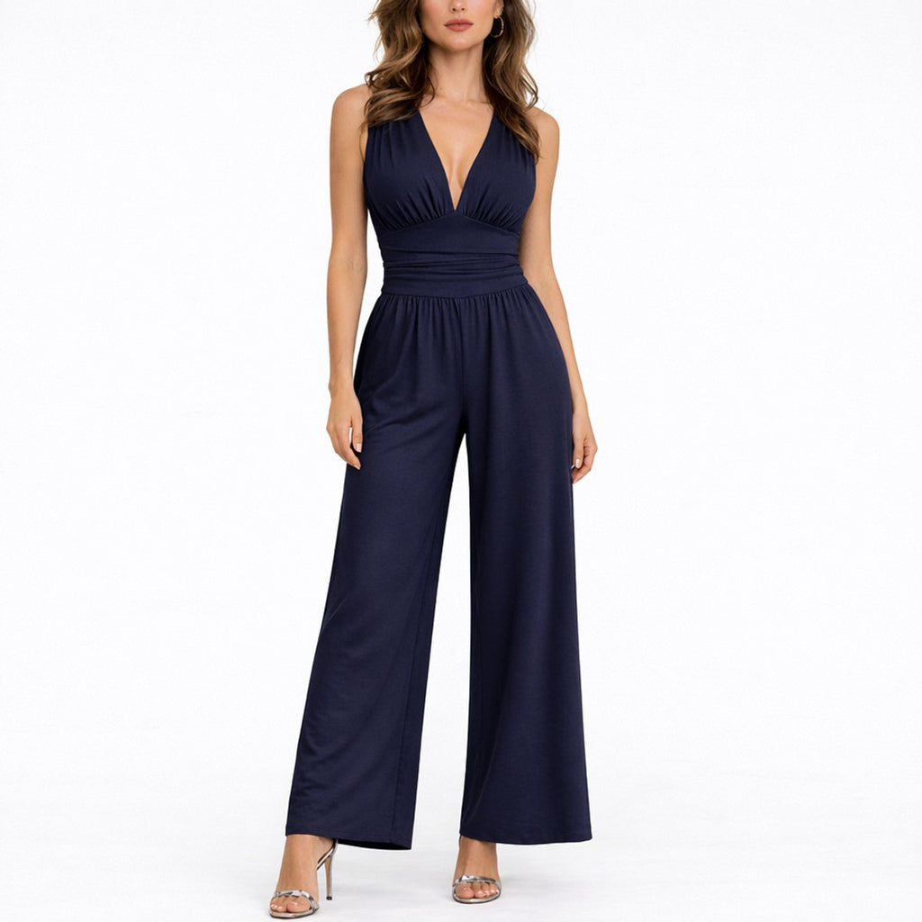 Women's Sleeveless Deep V-Neck Wide-Leg Jumpsuit - Navy
