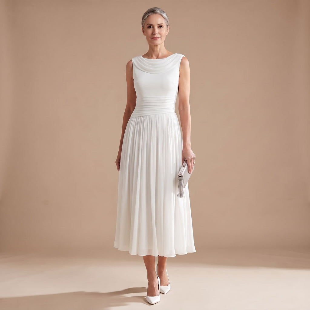 Women's Sleeveless Draped-Neck Pleated Midi Occasion Dress