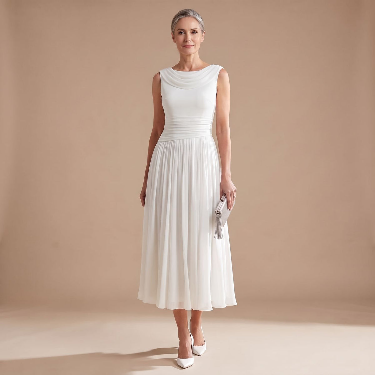 Women's Sleeveless Draped-Neck Pleated Midi Occasion Dress