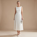 Women's Sleeveless Draped-Neck Pleated Midi Occasion Dress - White