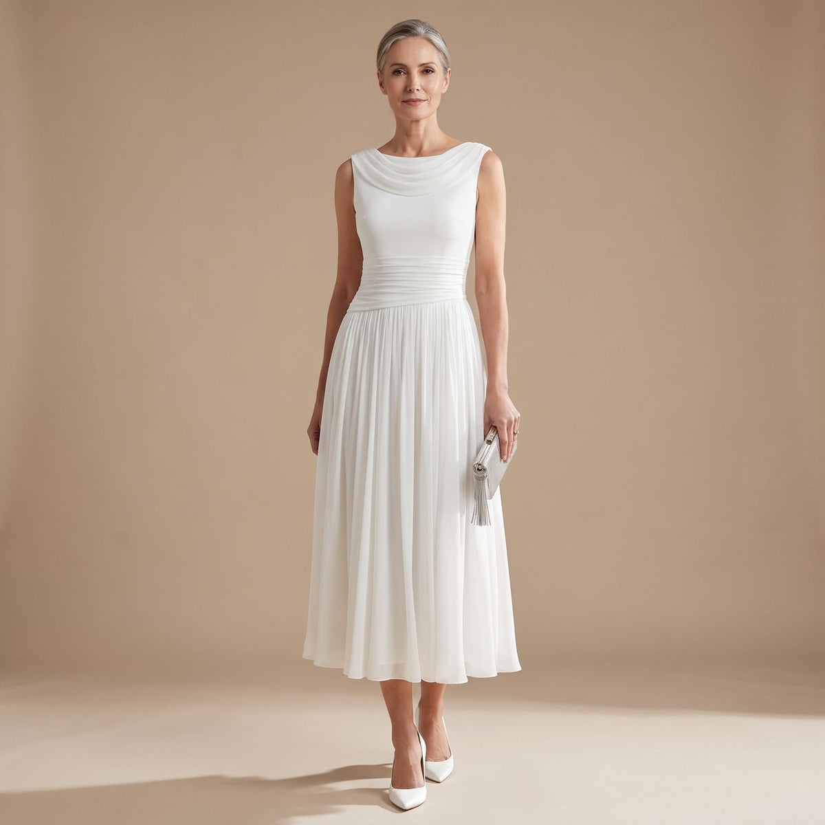 Women's Sleeveless Draped-Neck Pleated Midi Occasion Dress - White