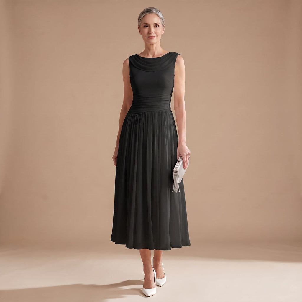 Women's Sleeveless Draped-Neck Pleated Midi Occasion Dress - Black