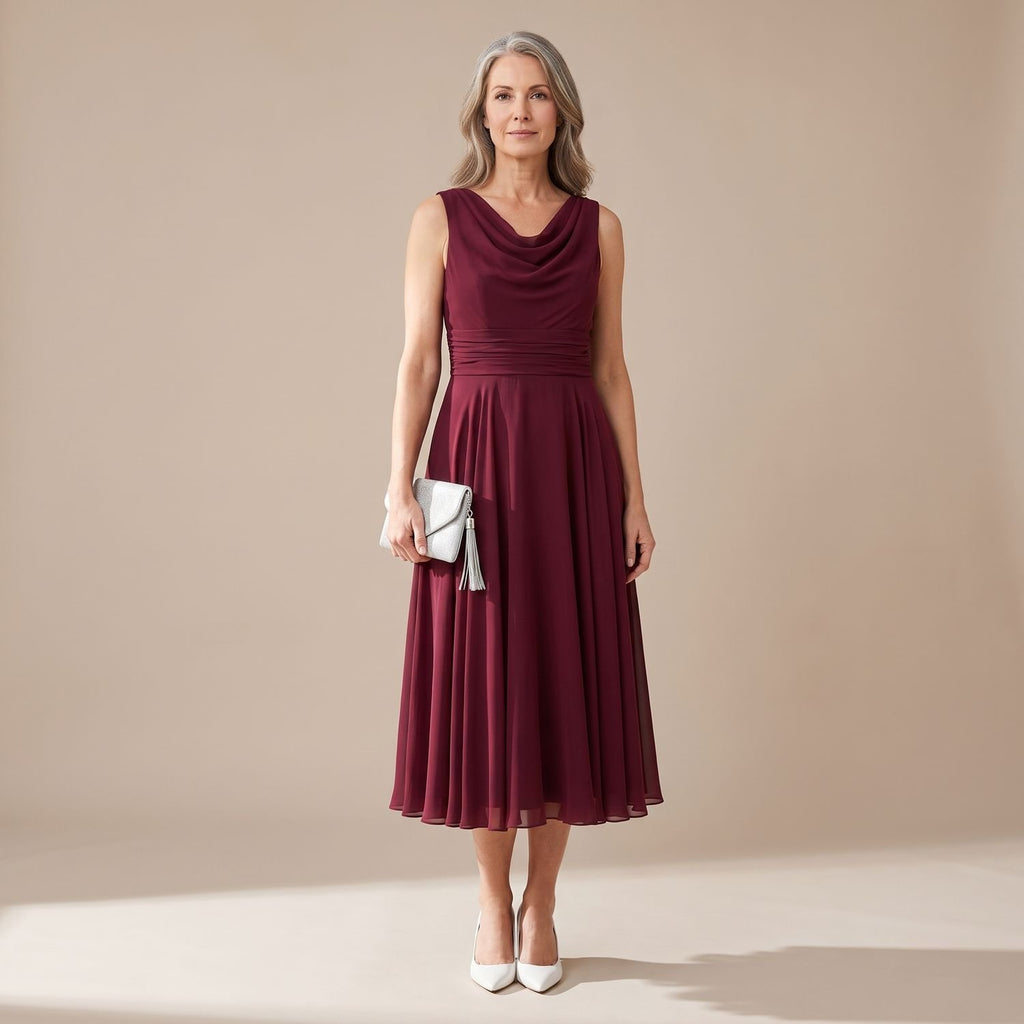 Women's Sleeveless Draped-Neck Pleated Midi Occasion Dress - Bordeaux