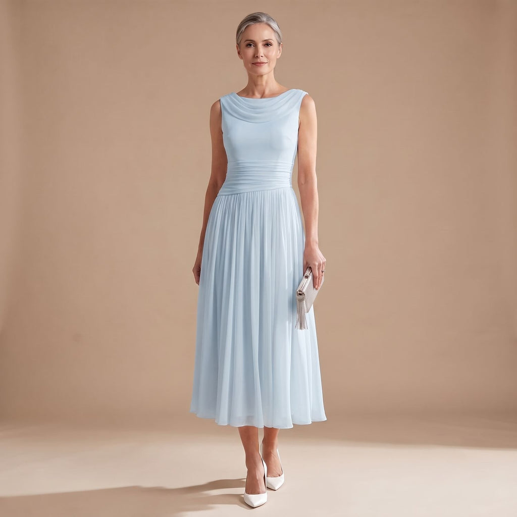 Women's Sleeveless Draped-Neck Pleated Midi Occasion Dress - Blue