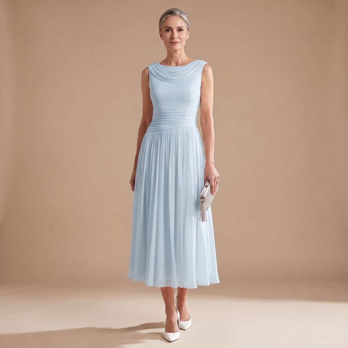 Women's Sleeveless Draped-Neck Pleated Midi Occasion Dress - Blue