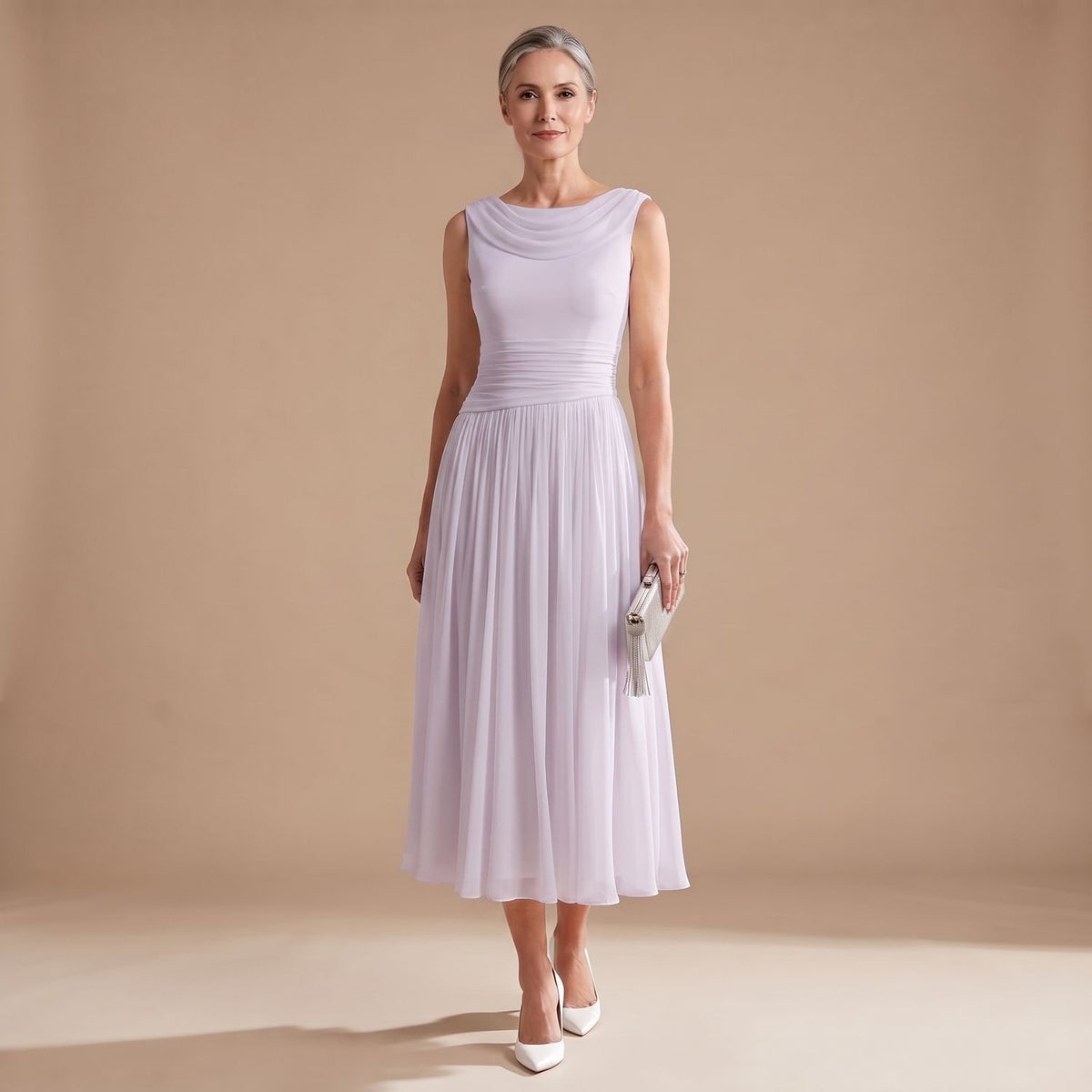 Women's Sleeveless Draped-Neck Pleated Midi Occasion Dress - Lavender