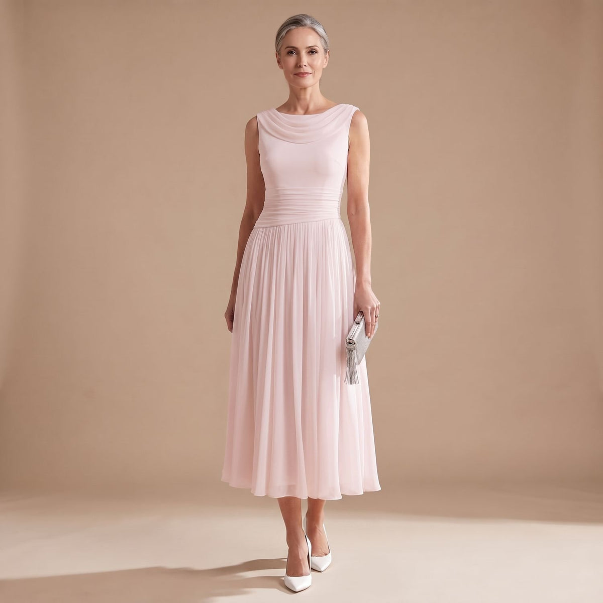 Women's Sleeveless Draped-Neck Pleated Midi Occasion Dress - Pink