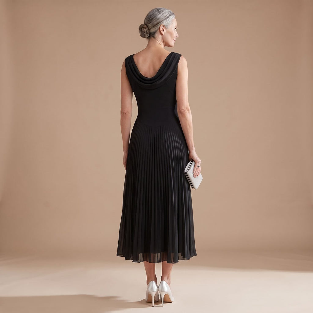 Women's Sleeveless Draped-Neck Pleated Midi Occasion Dress