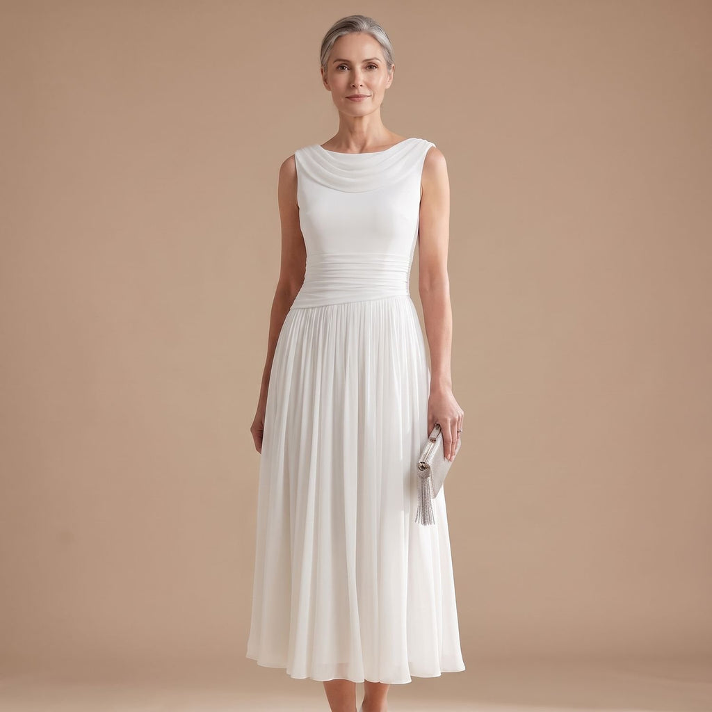 Women's Sleeveless Draped-Neck Pleated Midi Occasion Dress