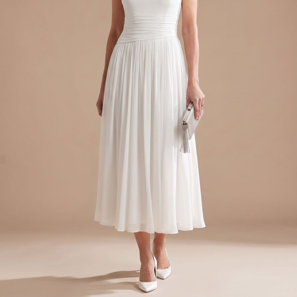 Women's Sleeveless Draped-Neck Pleated Midi Occasion Dress