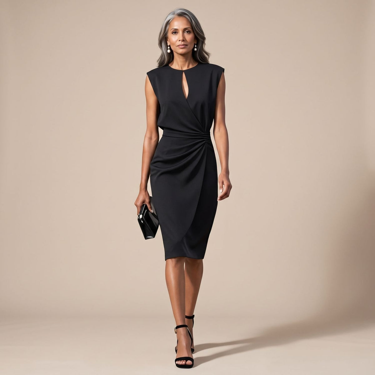 Women's Sleeveless Keyhole-Neck Ruched-Waist Knee-Length Dress - Black