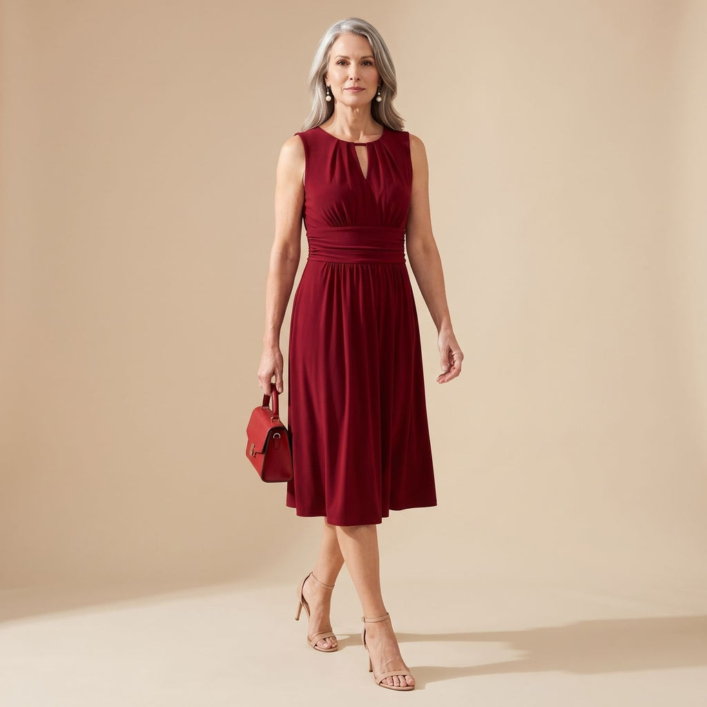 Women's Sleeveless Keyhole-Neck Ruched-Waist Knee-Length Dress - Red