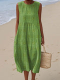 Women's Sleeveless Round-Neck Embroidered Relaxed-Fit Midi Dress - Green